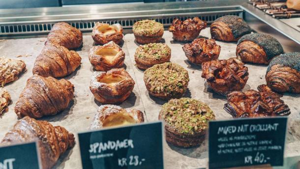 Fresh baked pastries and croissants at Copenhagen's popular Hart Bakery