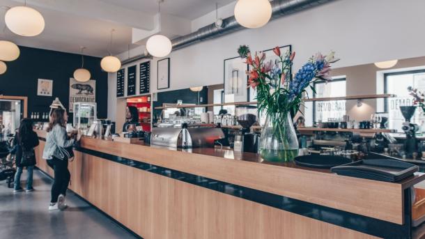 Coffee and pastry at Democratic Coffee in Copenhagen's historic city centre.