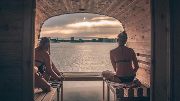 Copenhagen's habour in winter seen from the sauna's at CopenHot.