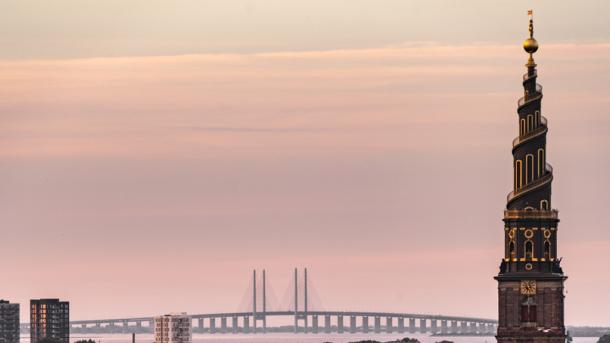 Church of our Saviour and The Great Belt Bridge, Øresudsbroen, in the background crossing the sound to Sweden.